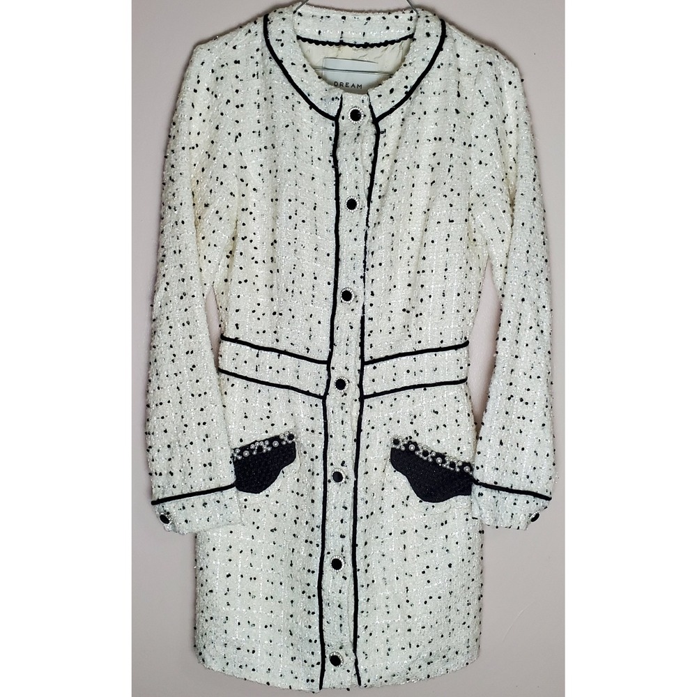 Dream Sister Jane Celeste Tweed Mini Dress Small New NWT Ivory Black Coat Style